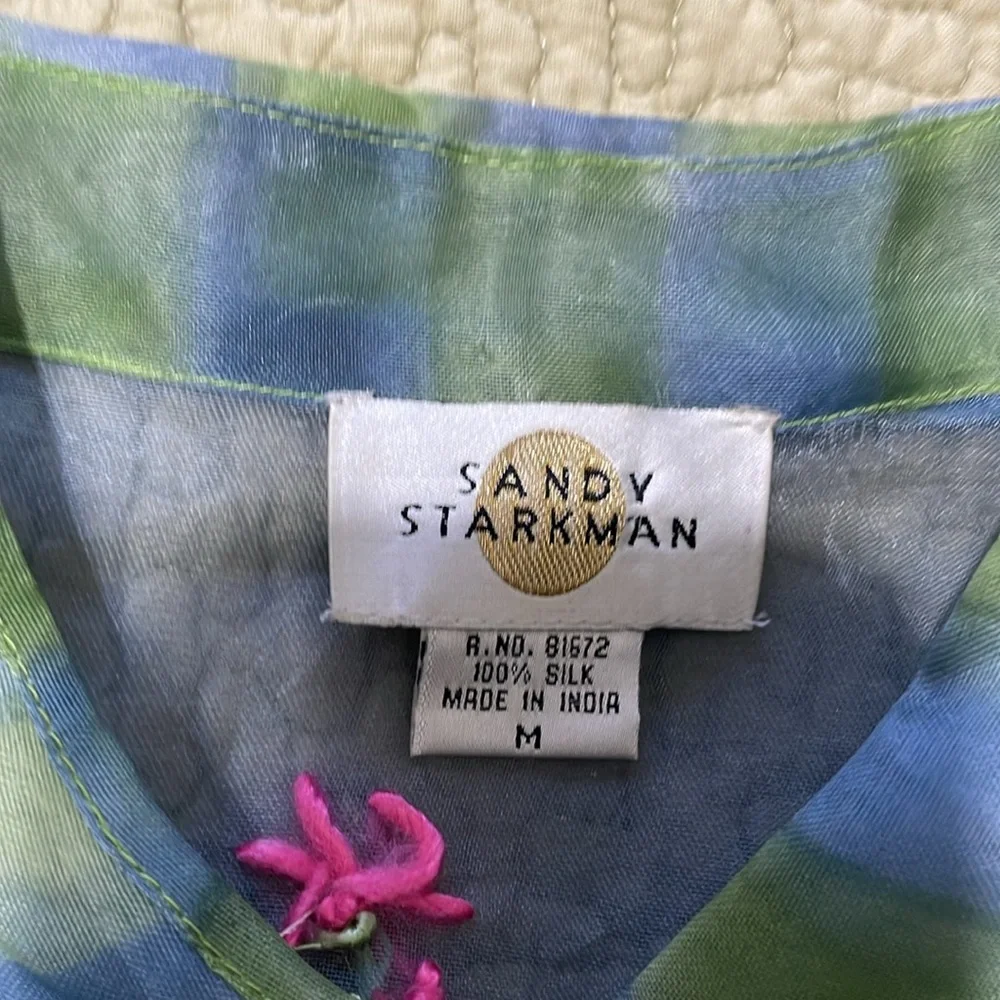 Sandy Starkman 100% silk batik and 3-D floral  sheer blouse or jacket